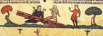 Munk och gift kvinna i stocken. Smithfield Decretals, omkr. 1330