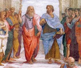Rafael, "Skolan i Athen", detalj (Vatikanmuseet). Platon och Aristoteles i centrum, i diskussion om verklighetens natur. Rafael, "Skolan i Athen", detalj (Vatikanmuseet). Platon och Aristoteles i centrum, i diskussion om verklighetens natur.