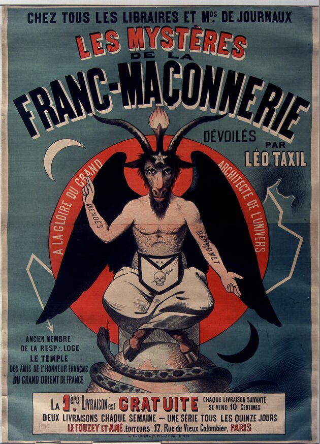 Reklam för den franske antiklerikale författaren Leo Taxils böcker. Illustration.