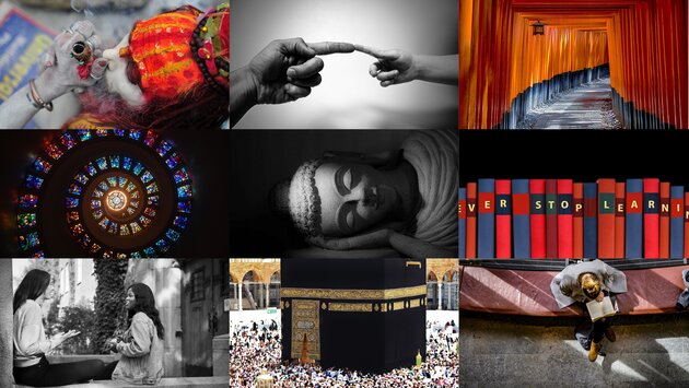 Collage av bilder med tema religion, samt studentfoton.